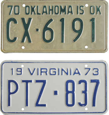 Лот из четырёх американских автомобильных номерных знаков штатов Texas, Illinois, Oklahoma, Virginia